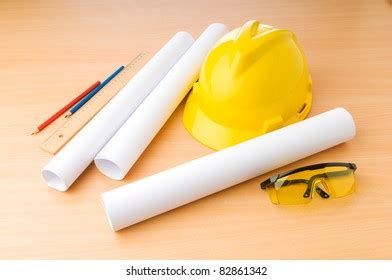 Drawings Hard Hat On Desk Stock Photo 82861342 | Shutterstock