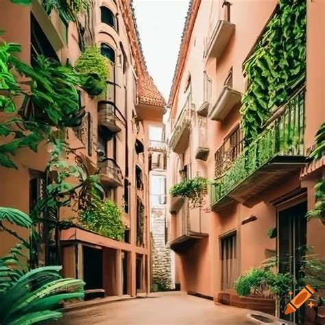 Modern spanish style apartment building with plants on Craiyon