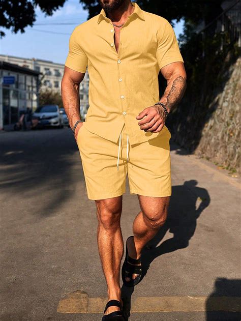 Men's Solid Color Short Sleeve Button Down Shirt And Drawstring Waist ...