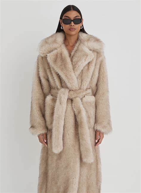 Women's Beige Faux Fur Oversized Tie Waist Maxi Coat | Schiffer | 4th ...