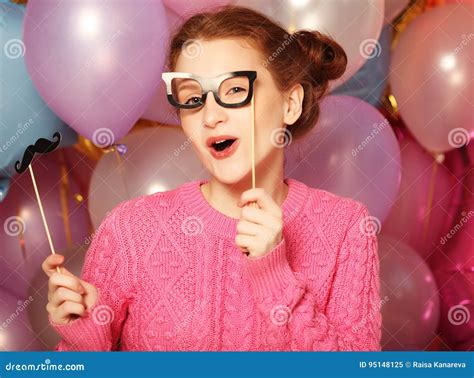 Party Concept: Happy Girl with Fake Mustaches and Glasses. Stock Image ...