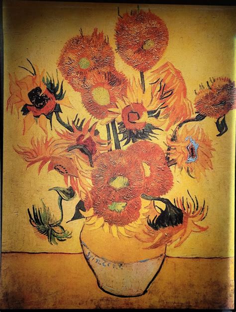 A photo of *Vase With Fifteen Sunflowers* from a Van Gogh exhibit : r ...