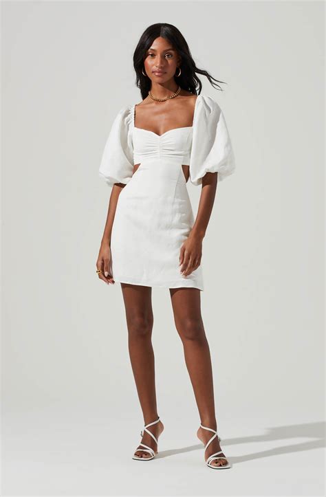 Heather Side Cutout Puff Sleeve Mini Dress - WHITE / XS | White mini ...