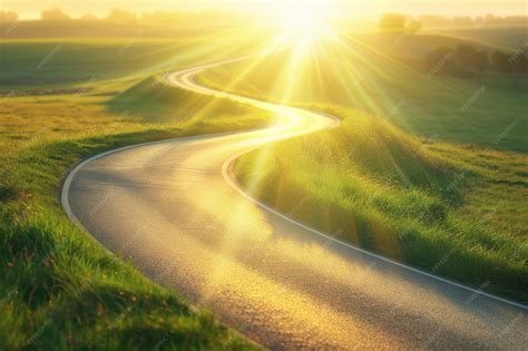 Winding asphalt road leading towards a bright sunrise in a lush green meadow | Premium AI ...