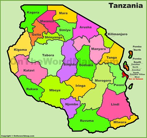 Tanzania regions map - Ontheworldmap.com
