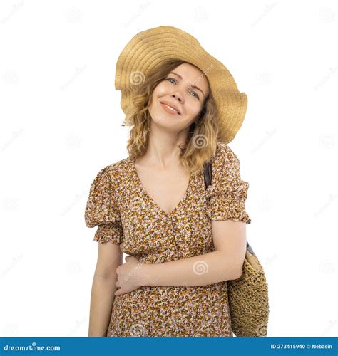 Contented Pretty Mature 40 Year Old Woman in Hat and Dress Isolated on White Background Stock ...