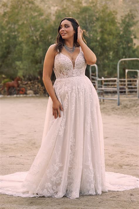66251PS: Plunging V-Neckline Plus Size Bridal Dress with Sequined Lace Appliqués | Lillian West