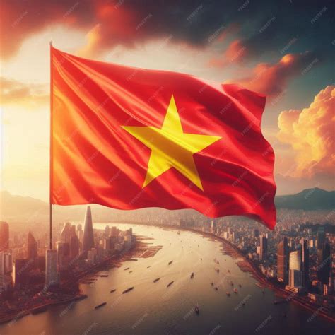 Vietnamese Flag flying in the air focusing on the yellow star on a red ...