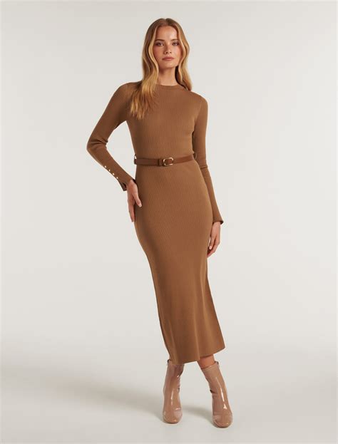 Hannah Belted Midi Knit Dress in Brown - Size 4 to 16 - Women's Midi ...