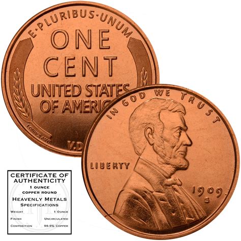 Amazon.com: Lincoln Wheat Cent 1909 S VDB Design 1 oz Pure .999 Copper ...