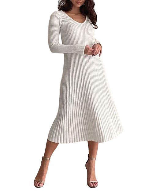 Caoirhny Women Autumn Winter Sweater Dress Long Sleeve V Neck Ribbed ...