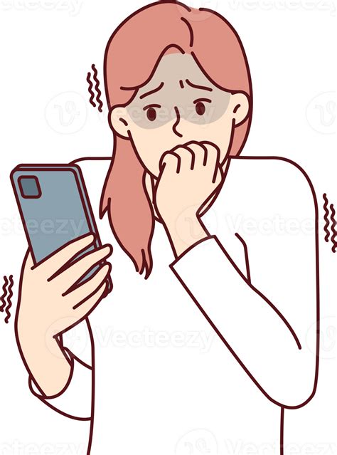 Frightened woman with phone biting nails in fear after reading bad news ...
