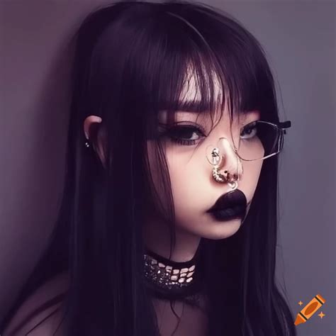 Goth asian girl, glasses, pouty, big choker, septum piercing on Craiyon