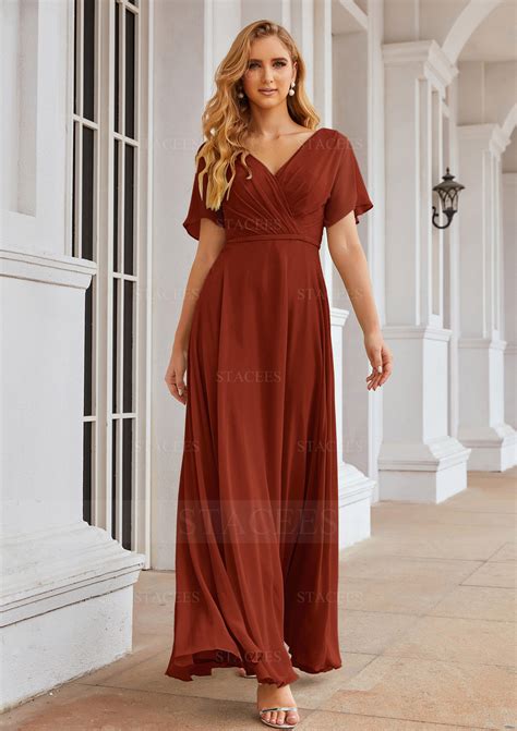 A-line V Neck Chiffon Long/Floor-Length Bridesmaid Dress With Pleated ...