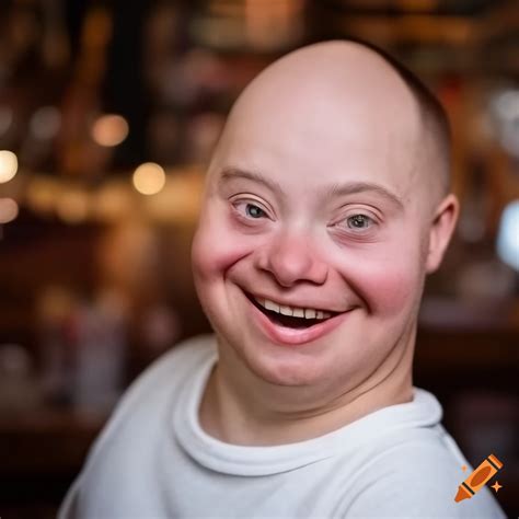 Smiling man with Down's Syndrome at a cozy bar on Craiyon