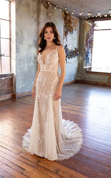 Unique Sheer Boho Lace Sheath Wedding Dress with a Low Back