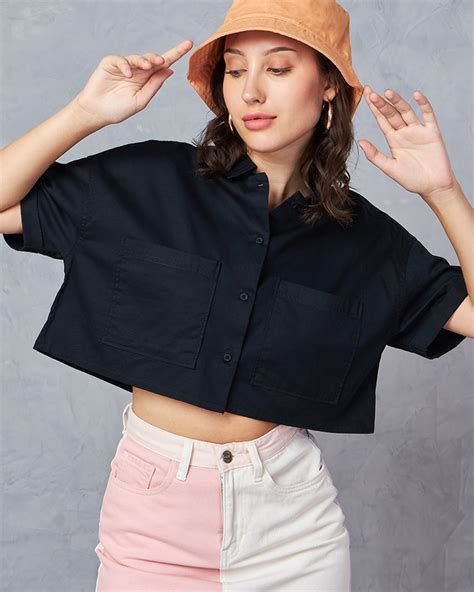 Buy Women's Black Oversized Cropped Shirt Online at Bewakoof