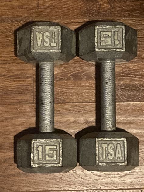VINTAGE PAIR of TSA 15 LBS Dumbbell Pair Cast Iron Hex Weights ~ 30 LBS ...