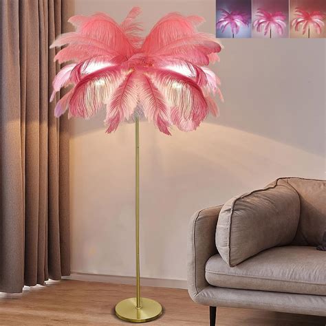 OUFUAMY Ostrich Feather Floor Lamps, 3 Colors LED Bulb, Bedroom ...