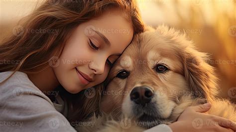 AI generated Tender hugs of a beautiful girl and a golden retriever ...