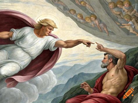 Painting in the style of the Sistine Chapel ceiling showing God, depicted with Donald Trump's ...
