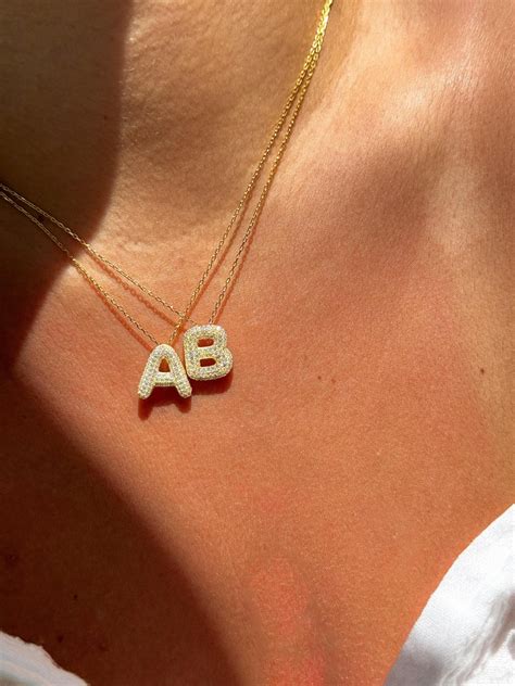 Pave 3D Bubble Letters Necklace, Bubble Letter Initial Necklace, Dainty ...