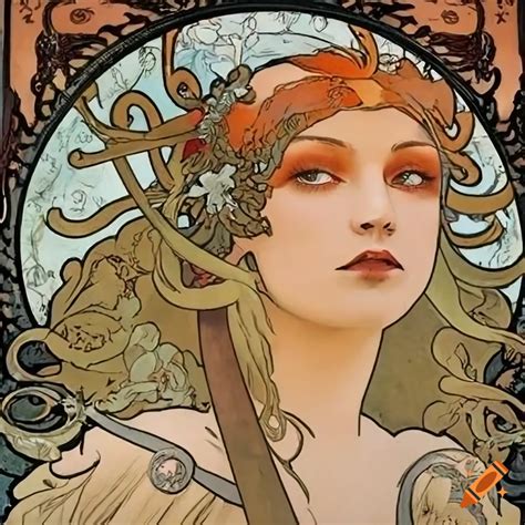 Alphonse mucha artwork of a woman as a samurai on Craiyon