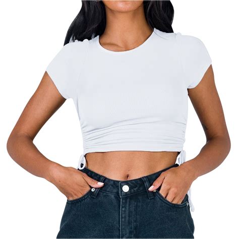Crop Tops for Women Trendy Round Neck Drawstring Short Sleeve Shirts ...
