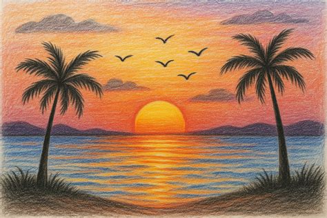Sunset scene | Summer drawings, Easy scenery drawing, Drawing scenery