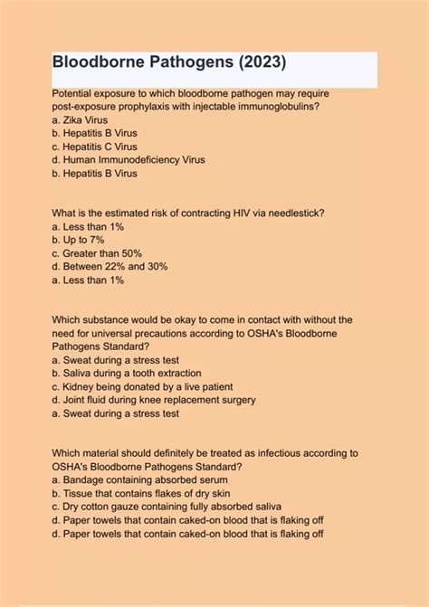 Bloodborne Pathogens (2023) Questions with 100% Actual correct answers ...