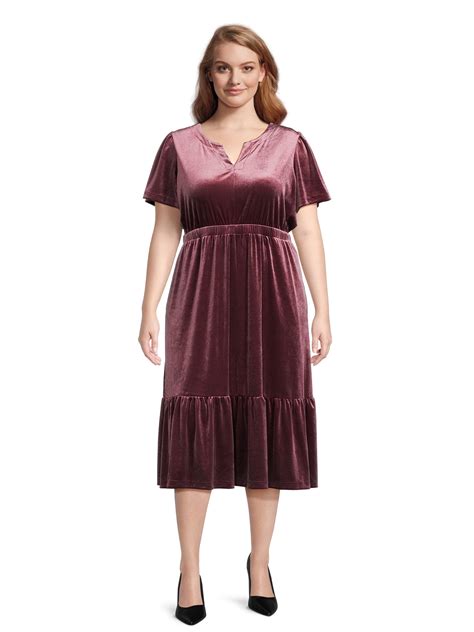 Terra & Sky women's Plus Size Velvet Dress Sleeve Midi - Walmart.com