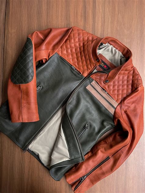 THE MASON Leather Jacket in Contrasted Amber & Green with Beige Stripe ...