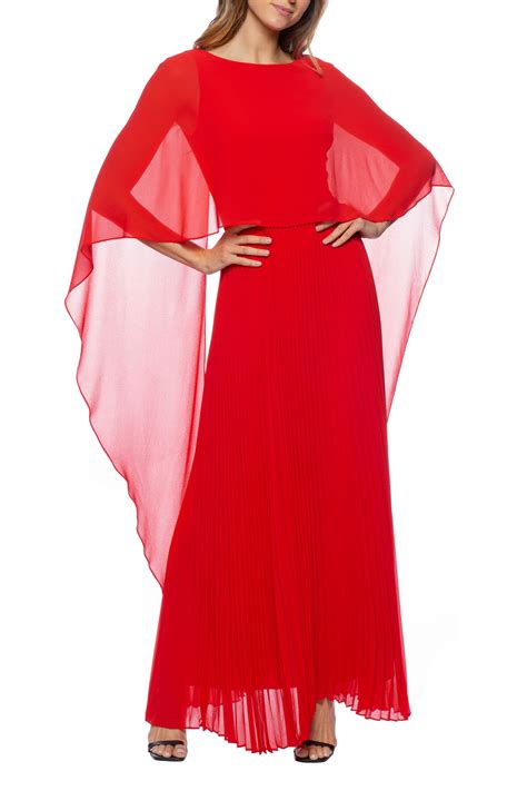 Red Marina Long Capelet Pleated Chiffon Dress - Formal Dresses & Gowns