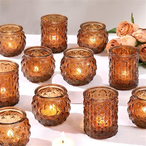 Amazon.com: Lanttu Amber Votive Candle Holder Set of 12, Glass Tea ...