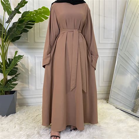 Muslim Fashion Hijab Long Dresses Women With Sashes Solid Color Islam ...