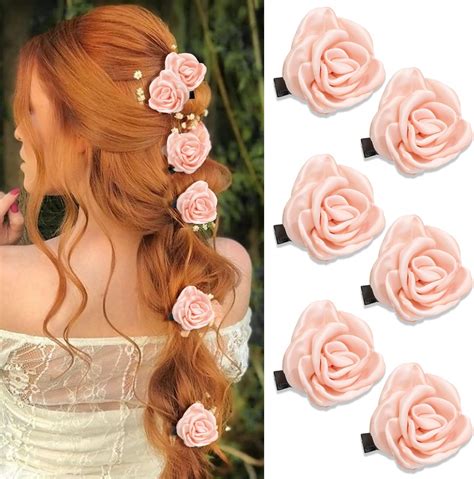 Amazon.com : YAEISM 6PCS Pink Flower Hair Clips Small Satin Rose Hair ...