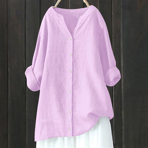 Aobny Women's Leisure Shirt Cotton Linen Going Out Pink Tops V-Neck Long Sleeve Button Up Tees ...