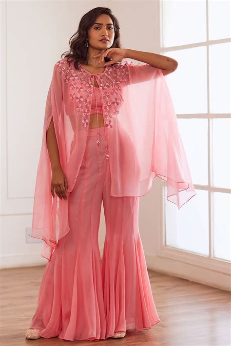 Peachish-Pink Organza Embellished Cape Set by SONAL PASRIJA at Pernia's ...