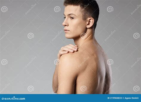 Athletic Men Muscled Arm Muscles Naked Back Gray Background Model Back ...