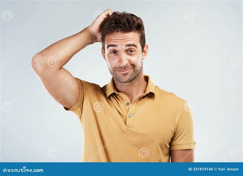 Portrait, Confused and Man Scratch Head in Studio with Unsure or Dont ...