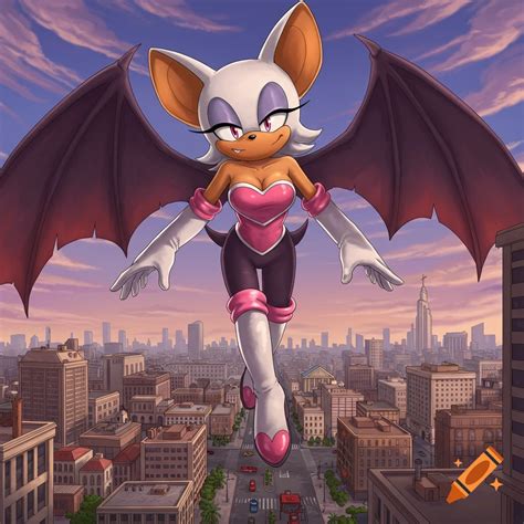 Giantess Rouge the Bat towering over a city on Craiyon