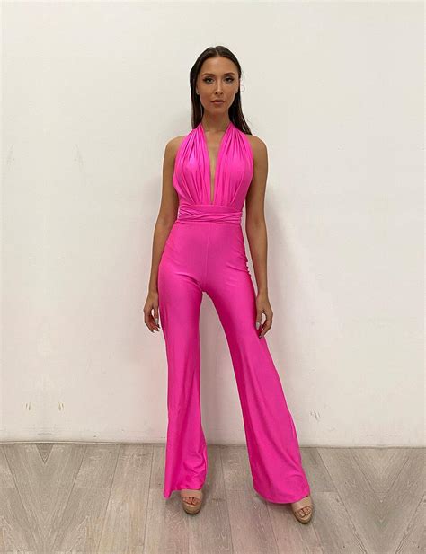 Neon Pink Jessica Angel Long Halter Formal Jumpsuit 854 - Formal ...