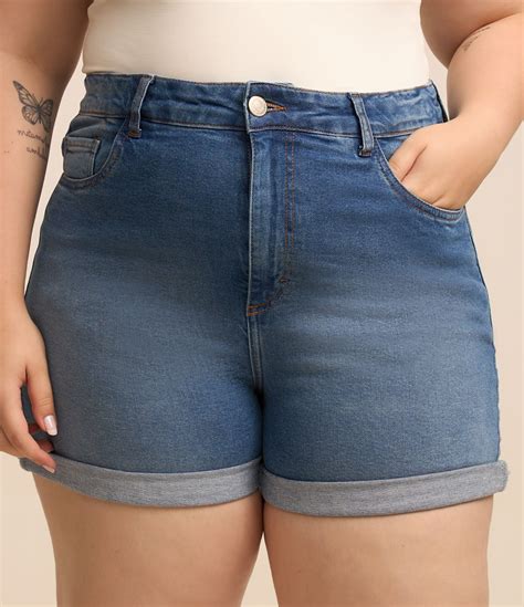 Short Hot Pants Jeans com Barra Dobrada Curve & Plus Size Blue Jeans Medio