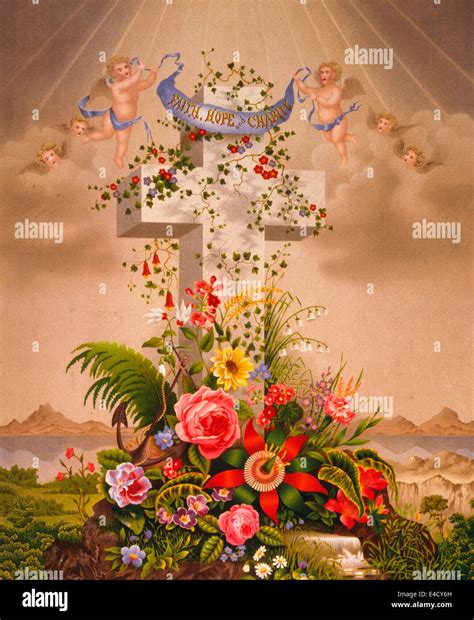 Faith, Hope and Charity - Cross with flowers and cherubs holding banner ...