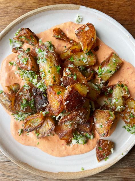 Pecorino Garlic Potatoes over Harissa Mayo | Recipes, Cooking recipes ...