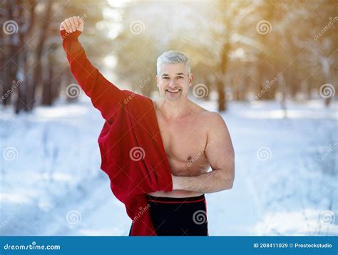 Cold Exposure Training and Acclimation Concept. Happy Mature Man Taking ...