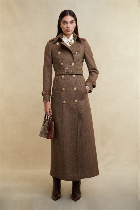 Full Length Marlborough Trench Coat (Large Scale Brown Herringbone ...