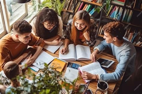 Premium Photo | Students Team Sitting Together at Table Top View ...