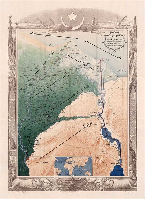 Old Arabic Map of Suez Canal by Erhard Schieble in 1869 - River Nile ...