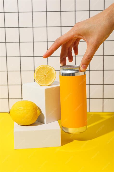Premium Photo | Tin can lemons and hand on yellow table on light background